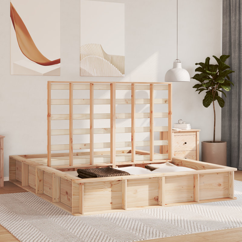 Bed Frame With Storage Solid Pine Wood, European Kingsize (160 x 200 cm), Beige