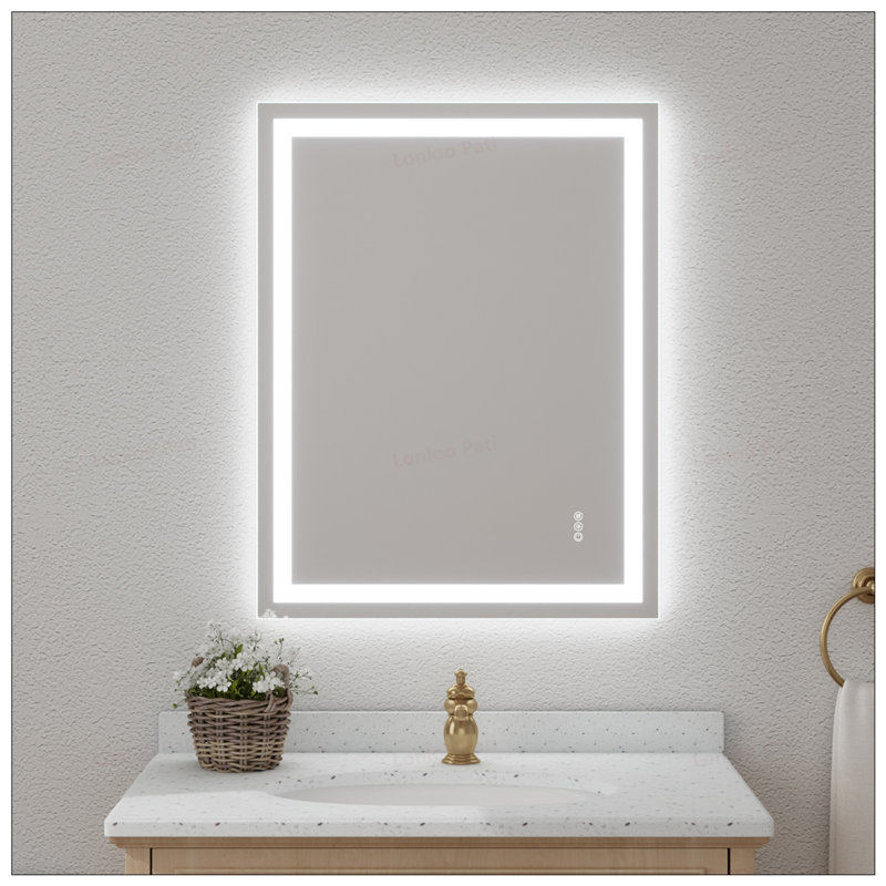 Frameless Tempered Mirror with Dual LED Light Strips for Front and Back Lighting, Perfect for Modern Bathrooms, 36" x 28"
