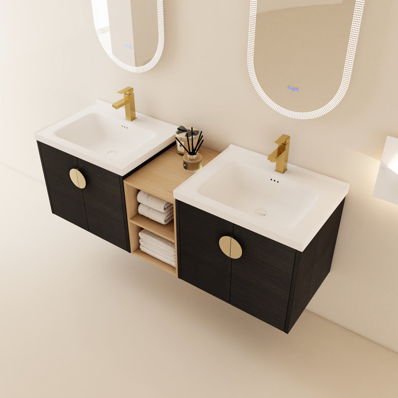 Meuble-lavabo de 60 po avec lavabo en céramique et armoires - Fixation murale, finition de châtaignier noir, Black