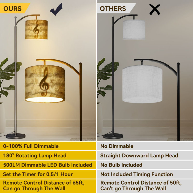 Lampe sur pied à arc avec rétro notes de musique rétro et lumières à DEL avec abat-jour réglables, grandes lampes sur pied pour le salon de lecture