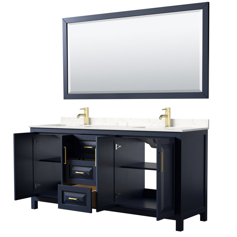 Daria 72'' Double Bathroom Vanity with Carrara Marble Top, Dark Blue, Carrara Cultured Marble, Brushed Gold