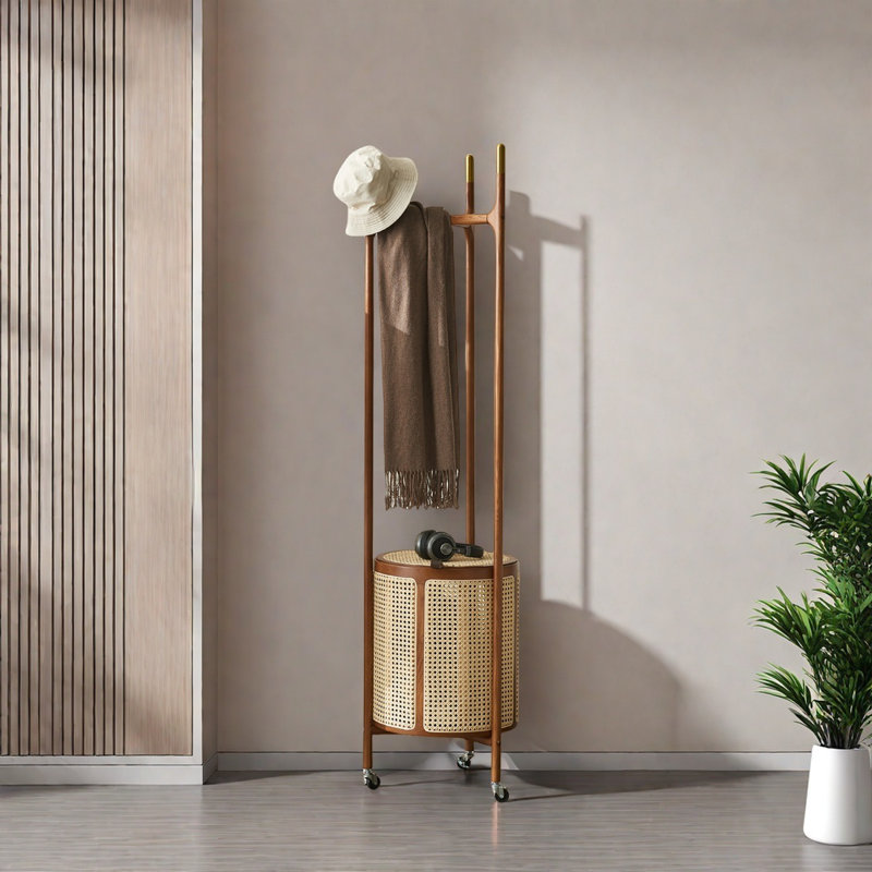 Ash Wood Coat Rack with Rattan, Walnut