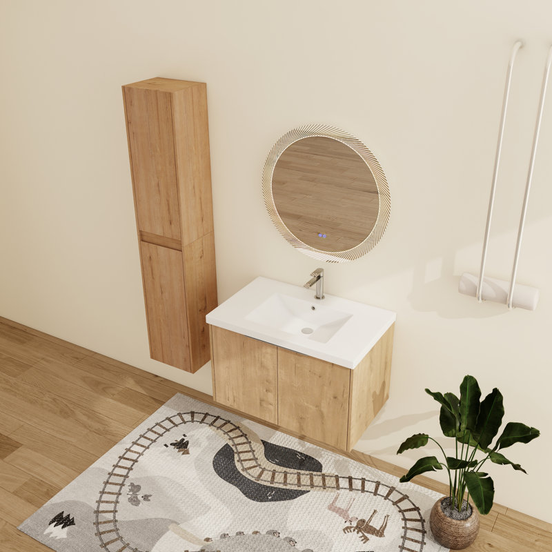Meuble-lavabo mural simple 30 po avec comptoir en résine et armoires latérales Eskar, 30''