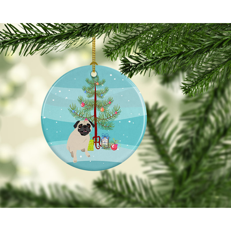Ornement de Noël en céramique carlin fauve # 2, Pug Fawn #2