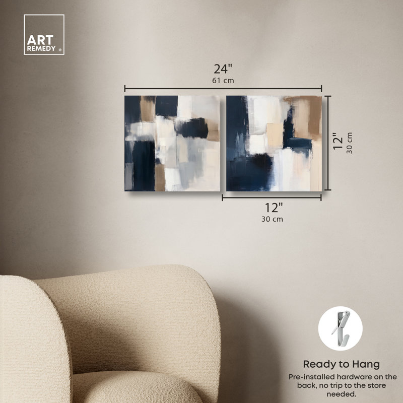 «Blue Mood and Abstraction Duo», ensemble de décorations murales bleues par Art Remedy, tendues sur châssis, 12 x 12