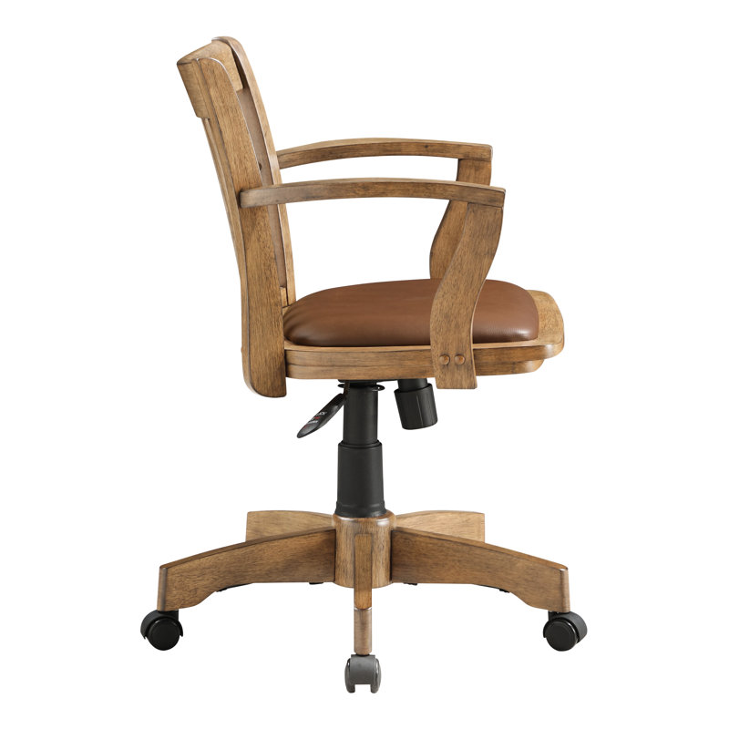 Deluxe Fruitwood Finish Wood Banker's Desk Chair with Brown Vinyl Seat