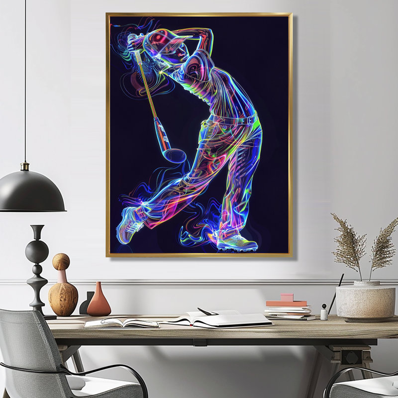 Neon Gold Player Striking - Sport Golf, art mural, Cadre flottant doré, H 32 po x l 16 po x P 1 po