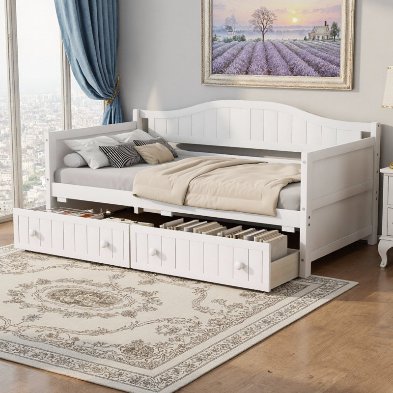 Lit de jour simple en bois massif avec tiroirs de rangement - Canapé-lit à double usage pour le salon ou la chambre d'amis, aucun sommier requis