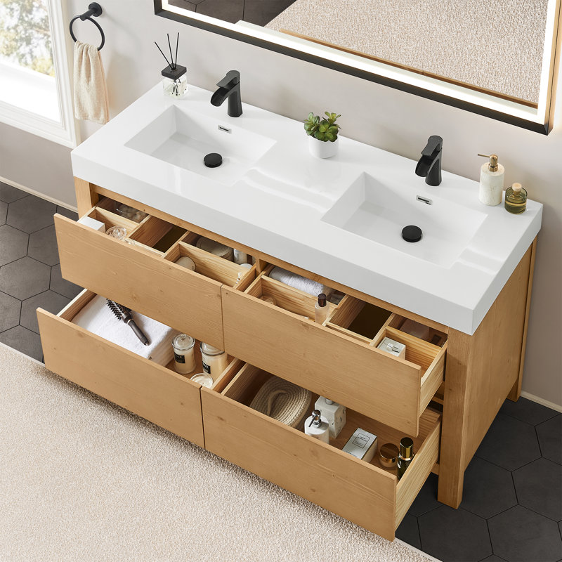 Abbie 60" Double Bathroom Vanity in Weathered Fir with White Artificial Stone Integrated Sink without Mirror