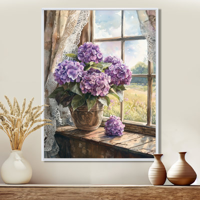 «Hydrangeas By The Farmhouse Window I - Hydrangea», art mural encadré