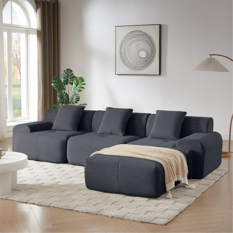Canapé modulaire moderne en L pour salon, revêtement en velours côtelé, canapé surdimensionné à 3 places avec siège profond et repose-pieds mobile - sans assemblage