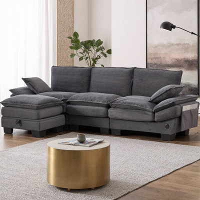 L-Shaped Corduroy Cloud Modular Sofa with Storage Ottoman, 102" Deep Seat Sectional, USB Ports & Phone Pockets, 3-Seat Convertible Couch for Living Room, Apartment, Office