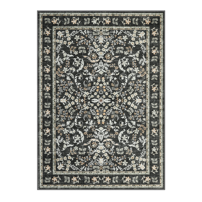Washable Boho Floral Area Rug 8x10 ft -  Soft Low Pile Rug with Non-Slip Backing for Living Room, Bedroom, Rectangle 8' x 10'