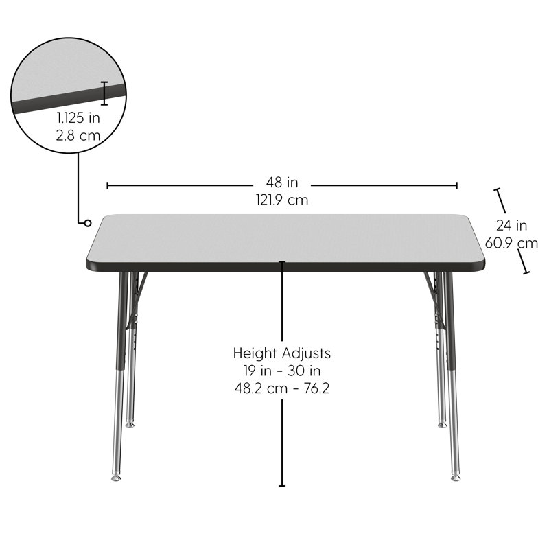 Table rectangulaire d'activité rectangulaire avec pieds réglables, Gris/noir, Roulement pivotant standard, 24" x 60"