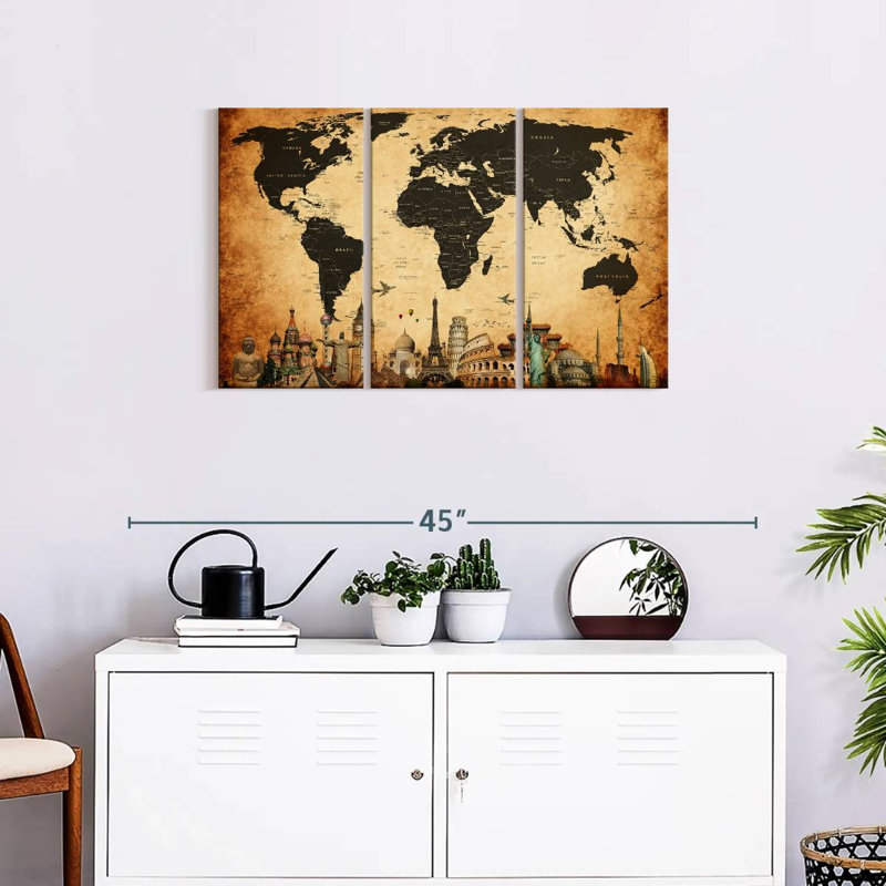 Carte du monde rétro, impression sur toile, H 33 po x l 20 po x P 1,25 po