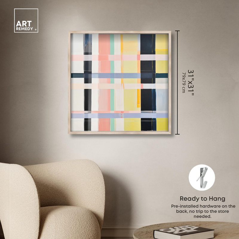 «Urban Plaid I Abstract Decor Shadowbox» par Art Remedy, H 31 po x l 31 po, Crème, crème