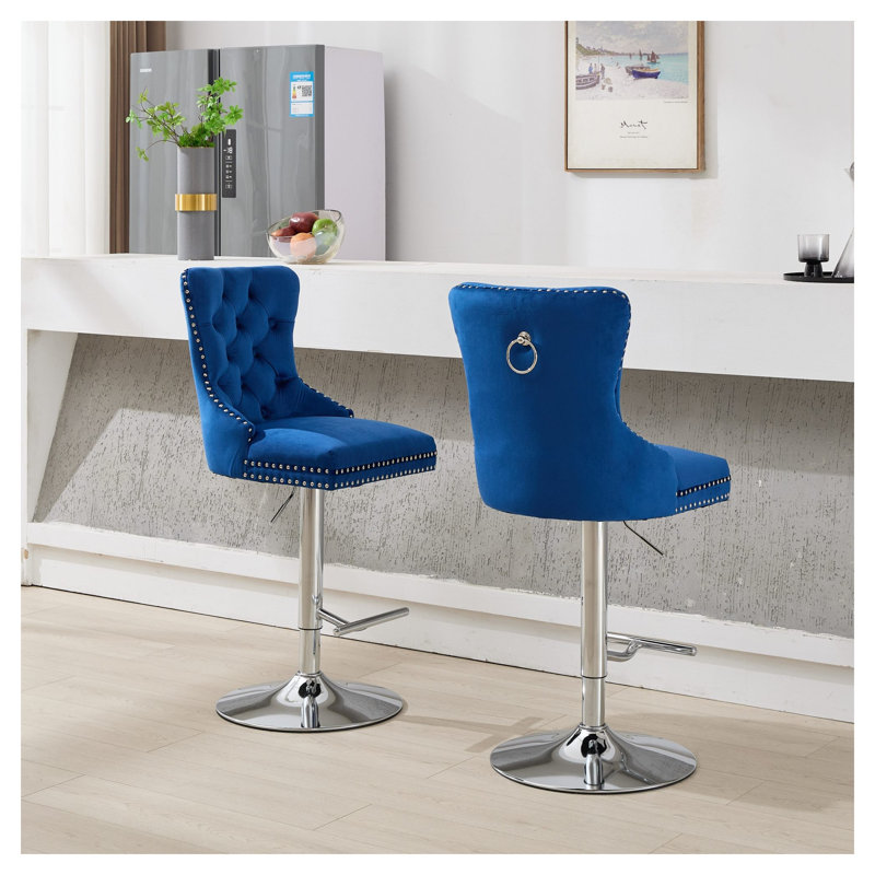 Ensemble de 2 tabourets de bar pivotants à hauteur réglable avec revêtement en velours et base chromée - Bleu, Blue