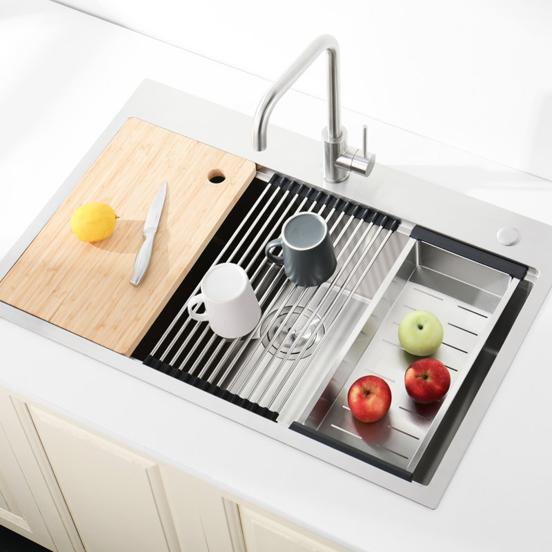 Stainless Steel Sink 33"X22", Overmount, Single Bowl - Construction, Practical Kitchen Design, With Grid Drain Overmount Installation, Strong And , Easy To Maintain Cleanliness, Cutting Board