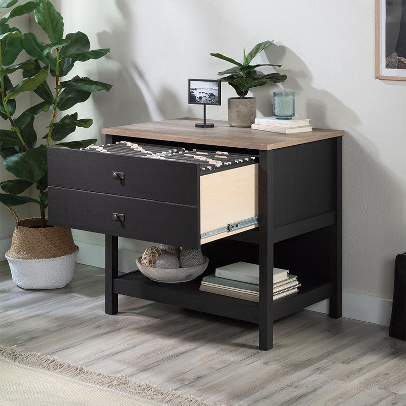 Cottage Road Lateral File Cabinet for Home Office, with Open Shelf Storage, Drawer with Full Extension Slides, in Raven Oak