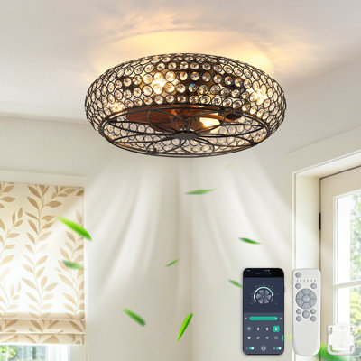 Ventilateur de plafond encastré en cristal 19,7 pouces avec lumière, ventilateur fermé réversible à 6 vitesses, structure en métal noir, base E26 à 4 lumières, télécommande et contrôle d'appli, ventilateur à profil bas pour salon de chambre à coucher