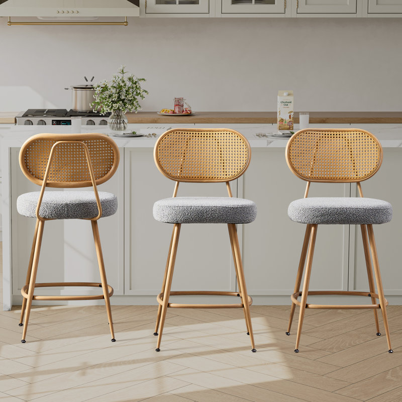 Tabouret de comptoir 26 po avec accoudoirs rembourrés et dossier en rotin 26 po, Grey