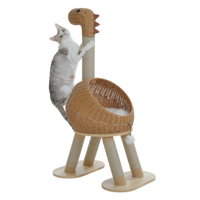 Dinosaur Cat Tree with Rattan Nest - 46" Tall Cat Tower with 5 Sisal Scratching Posts, Removable Cushion & Stable Base, Cat Climber for Indoor Cats