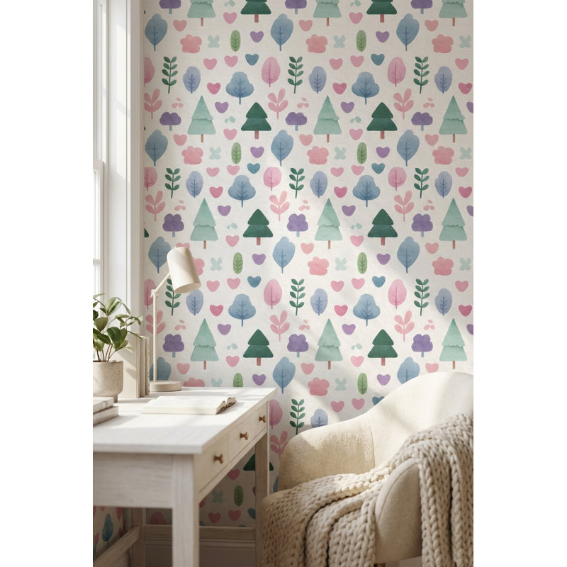 Papier peint blanc avec feuilles et arbres