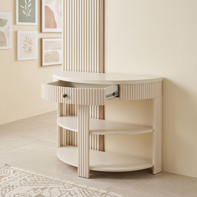 Console cannelée demi-lune avec tiroir et tablettes, Crème