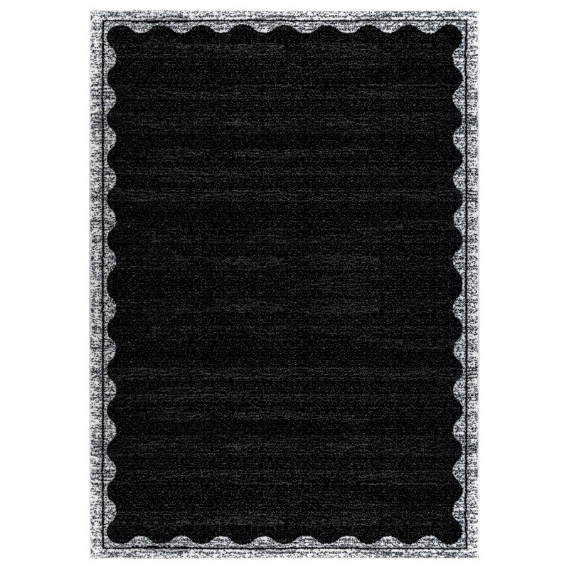 Scalloped Border Black/Cream Minimal Indoor Woven Area Rug, 7'10" x 10'