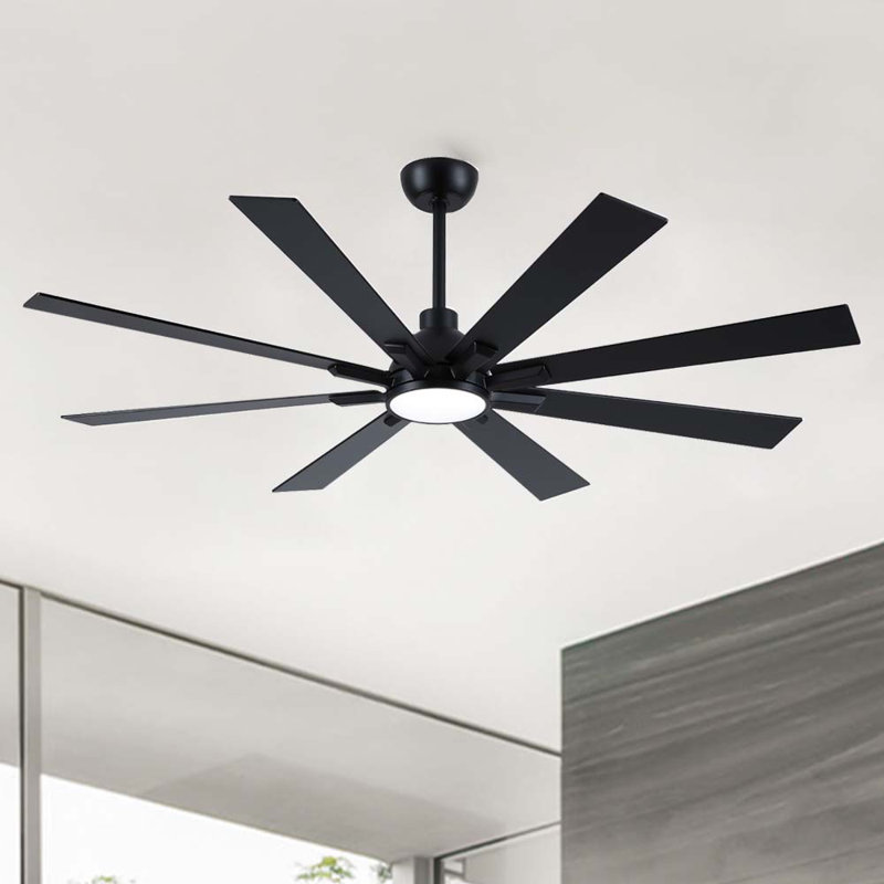 Modern 72" 8-Blade Windmill Indoor Matte Black Ceiling Fan With LED Lights, Remote Control and Quiet DC Motor, 72" Wide