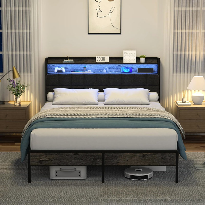 Structure de grand lit avec tête de lit ergonomique, 23 modes d'éclairage, modes de chargement et de rangement