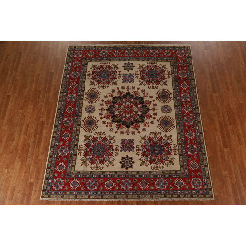 Tapis rectangulaire en laine noué à la main de conception unique 7 pi 10 po x 9 pi 7 po nouvel âge ivoire / rouge / vert