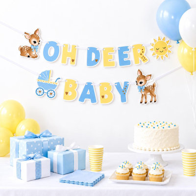 Bannière « Oh Deer » pour fête prénatale, guirlande en carton bleu et jaune avec des faons, décorations pour une fête de bébé sur le thème de la forêt et des contes de fées