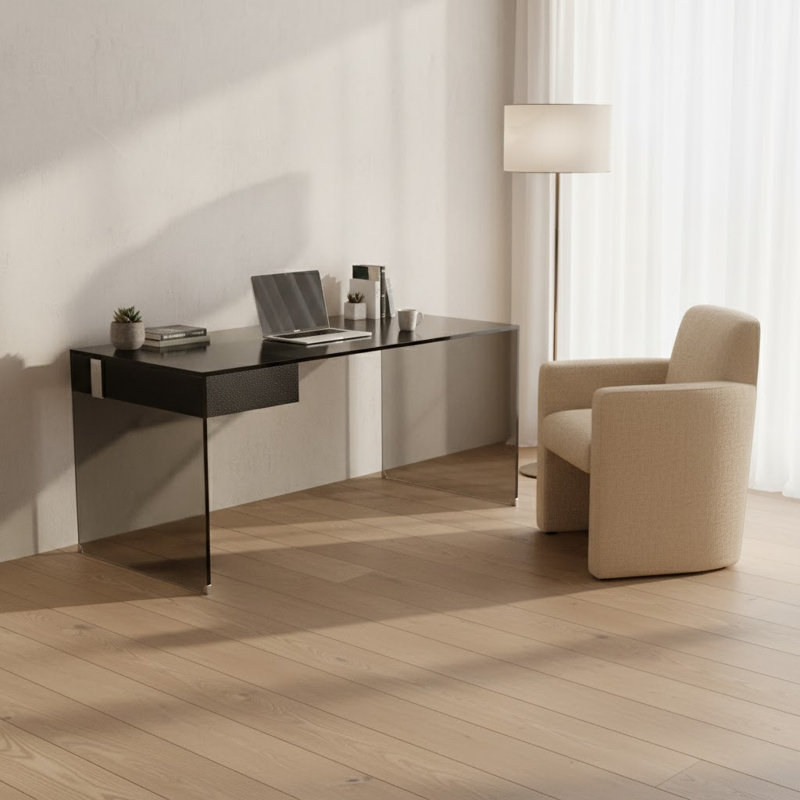 Black Tempered Glass Writing Desk With Flip-Top & Sliding Storage Drawers