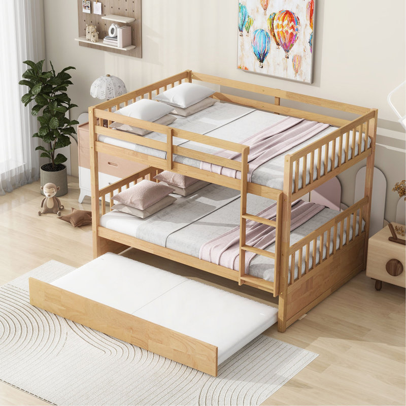 Full Over Full Rubber Wood Bunk Bed With Trundle, Ladder And Guardrails, Convertible To 2 Full Size Beds, With Twin Size Trundle,White Oak