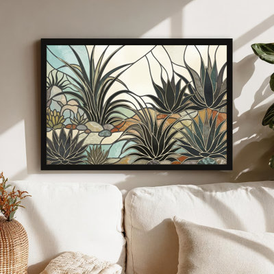 Art mural sur toile noir encadré pour le salon, la chambre à coucher, le bureau ou le vestibule - Décoration murale décorative avec plantes du désert