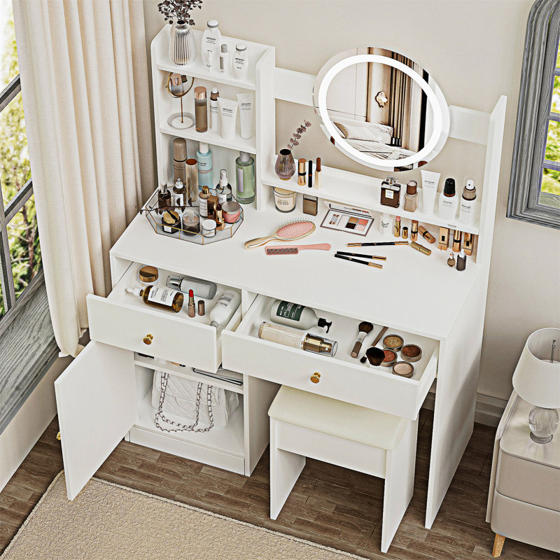 Vanity Table With Mirror And 3 Color Lighting Brightness Adjustable