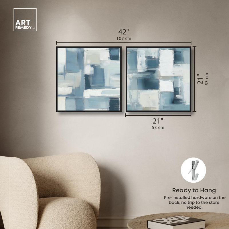 Modern Pair Abstract Art 2 Panel Set Canvas Print by , 21" H x 21" W, Black, Floater Framed Print without Mat