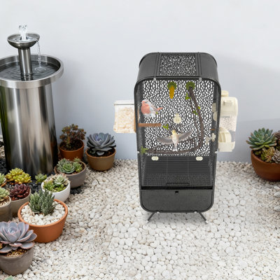 30.3Inch Modern Indoor Wrought Iron Parrot Bird Cage With Clear Door And Simulated Tree Scenery