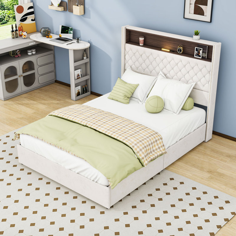 Lit plateforme tapissier avec port USB, tête de lit avec rangement et lumière, Beige, Complète