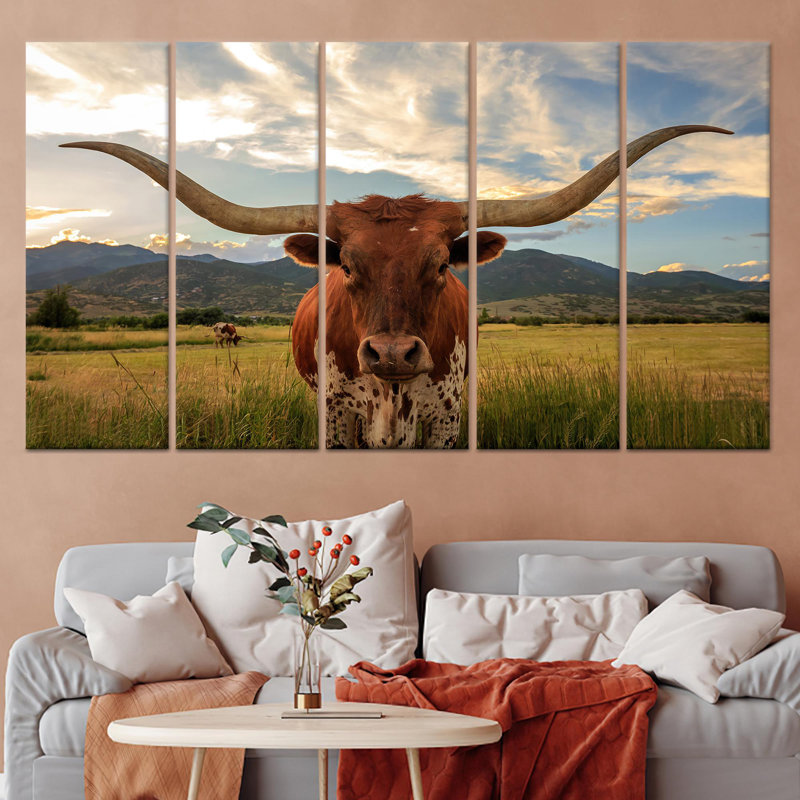 Printed Canvas Wall Art: Texas Big Cow, Man Cave Decor,5P Wrapped Canvas, H: 59.1 x W:98.4 inches