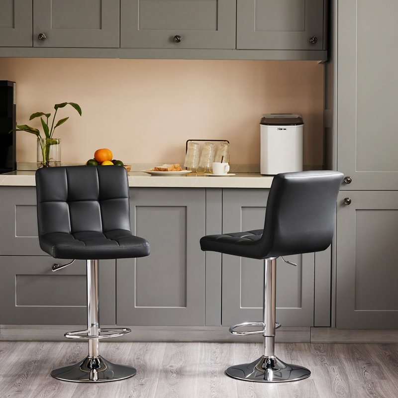 Black Leather Swivel Counter Height Bar Stools with Metal Frame