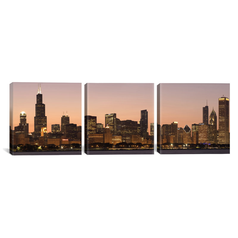 «Chicago Skyline Cityscape Dusk», ensemble de 3 reproductions de photos sur toiles tendues, H 30 po x l 90 po x P 1,5 po