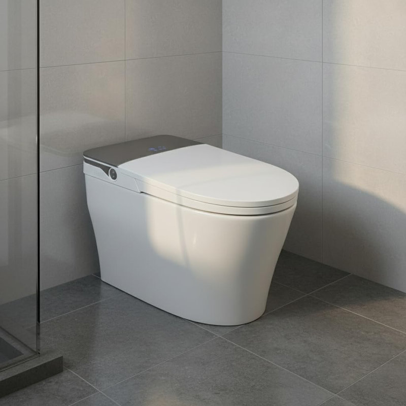 Smart Toilet with Auto Open/Close Lid & Heated Seat – Warm Water Bidet, Foot Sensor, Soft-Close Lid & Night Light – Modern Touchless Bathroom Toilet for Hygiene, Black With Remote