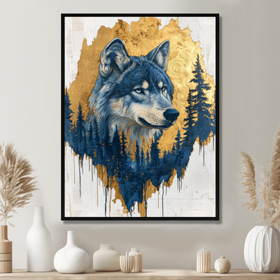 Graice Golden Wolf In Blue Forest Landscape I - Wolf Canvas Prints