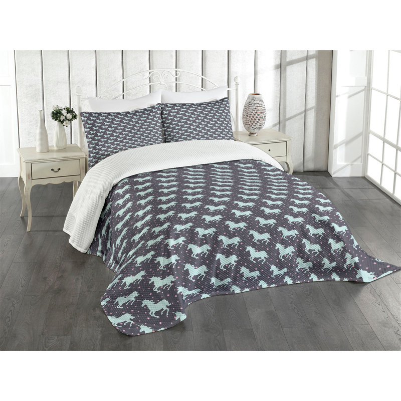 Ambesonne Abstract Bedspread Set  Galloping Unicorns  Mint Dark Taupe Pink, King Coverlet / Bedspread + 2 Standard Shams