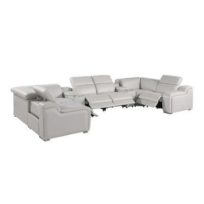 Light Gray Italian Leather Power Reclining U Shaped Eight Piece Corner Sectional With Console