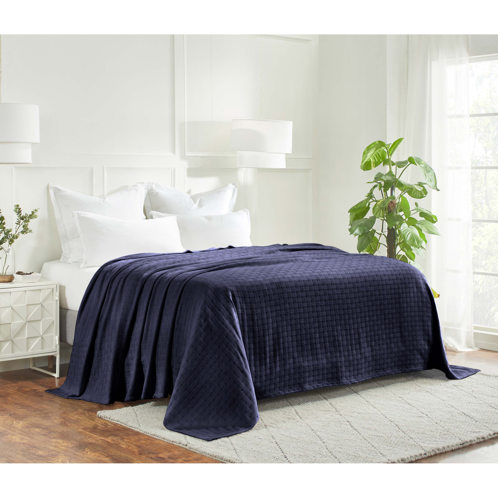 Bertie Cotton Machine Woven Throw Blanket, Navy Blue, Twin