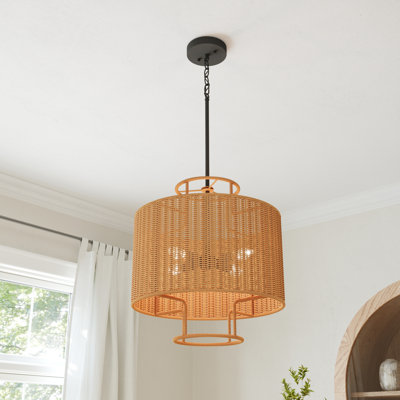 4-Light Dimmable Drum Chandelier with Handwoven wicker shade