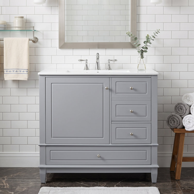 Meuble-lavabo autoportant de 91 cm (36 po) en bois massif et MDF gris avec lavabo en céramique intégré et rangement, Gris